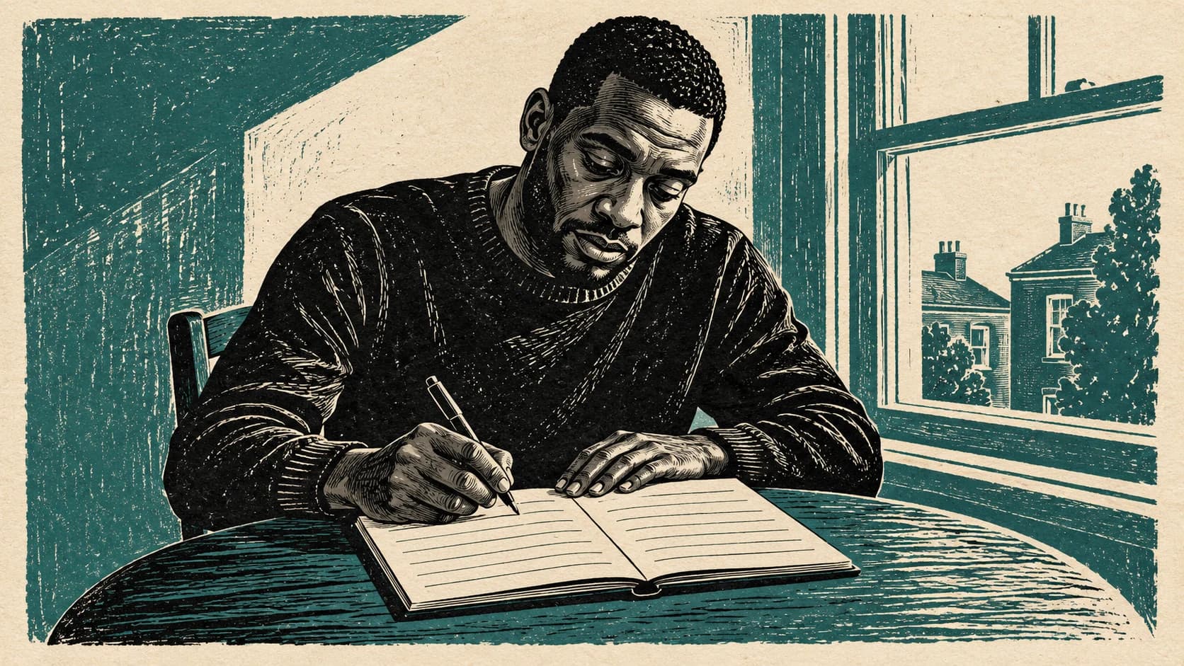 Two-colour linocut of a Black British man in his thirties with close-cropped hair writing a first draft in an open notebook beside a window.