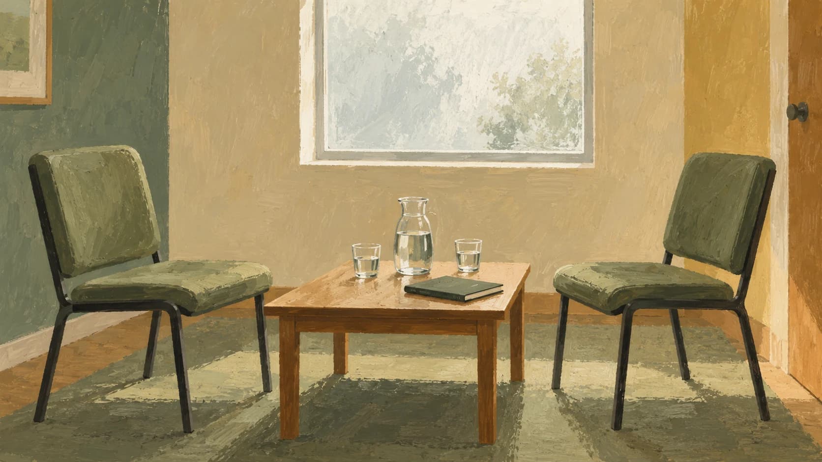 A gouache painting of a small interview room with two facing chairs and a low table holding a water jug and closed notebook, diffuse window light.