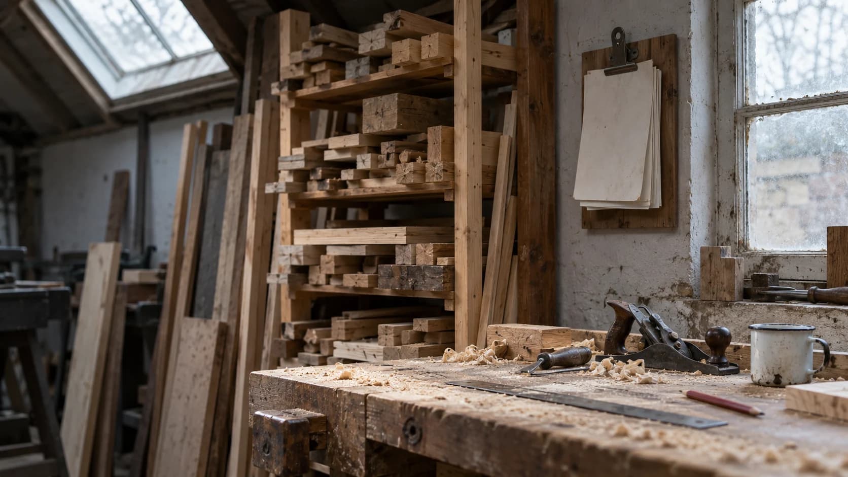 Interior of a small joinery workshop with a timber rack, tools and a chipped mug on a worn bench, lit by soft overcast daylight.