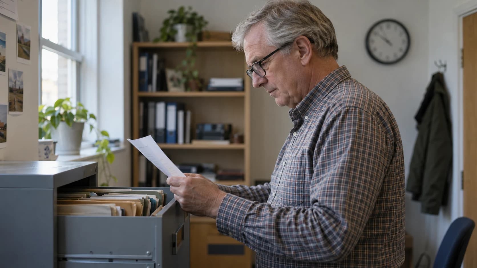 Natural editorial photograph of a white British man in his sixties wearing glasses, reading a single printed customer record at an open filing cabinet in a small UK back office lit by window light.