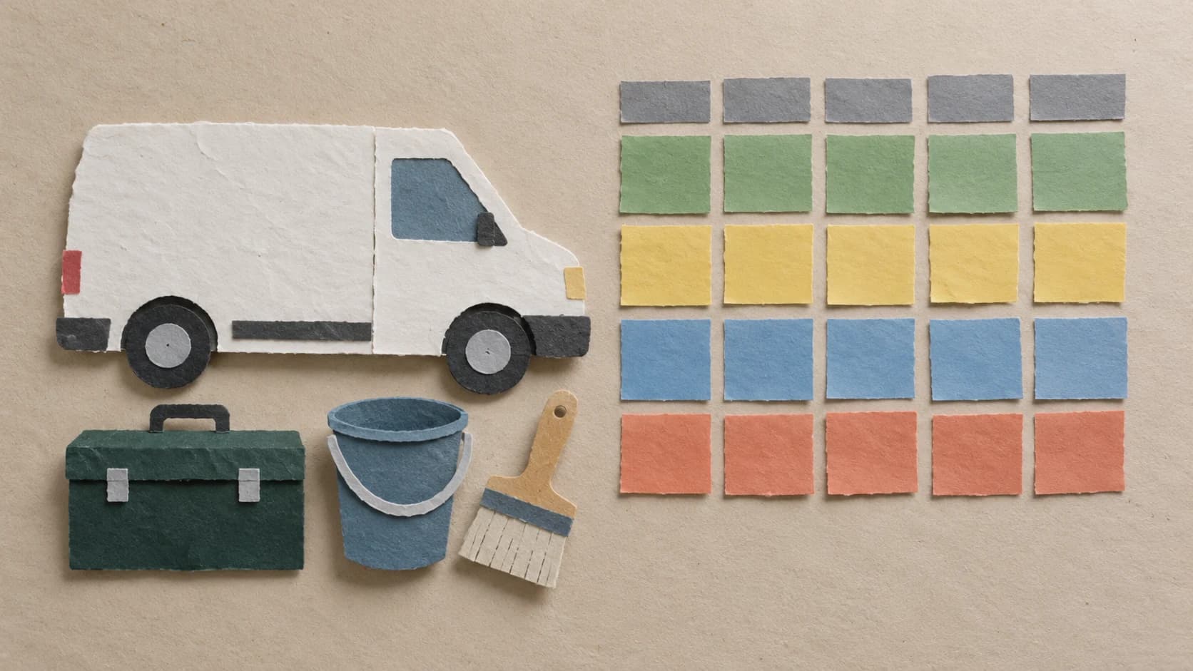 A hand-cut paper collage seen from above, showing a simple service van, a toolbox and a grid of coloured paper squares arranged on a neutral card background.