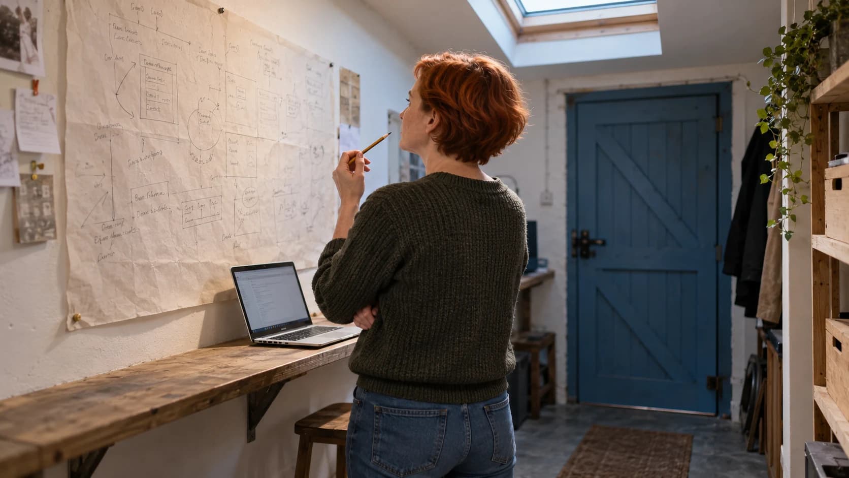 A person reviewing a paper plan pinned to a converted garage office wall.