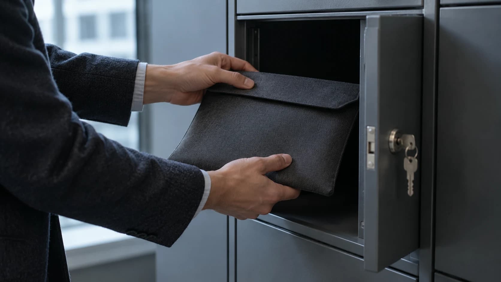 Hands closing a fabric document pouch before putting it in a storage locker.