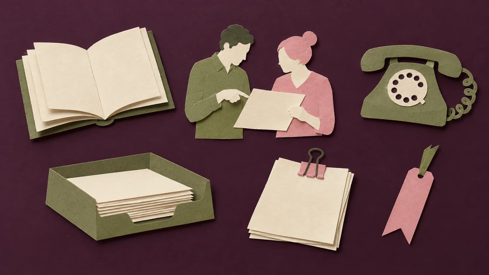 Paper collage with six different motifs: a book, page review, telephone, file tray, clipped bundle and bookmark.