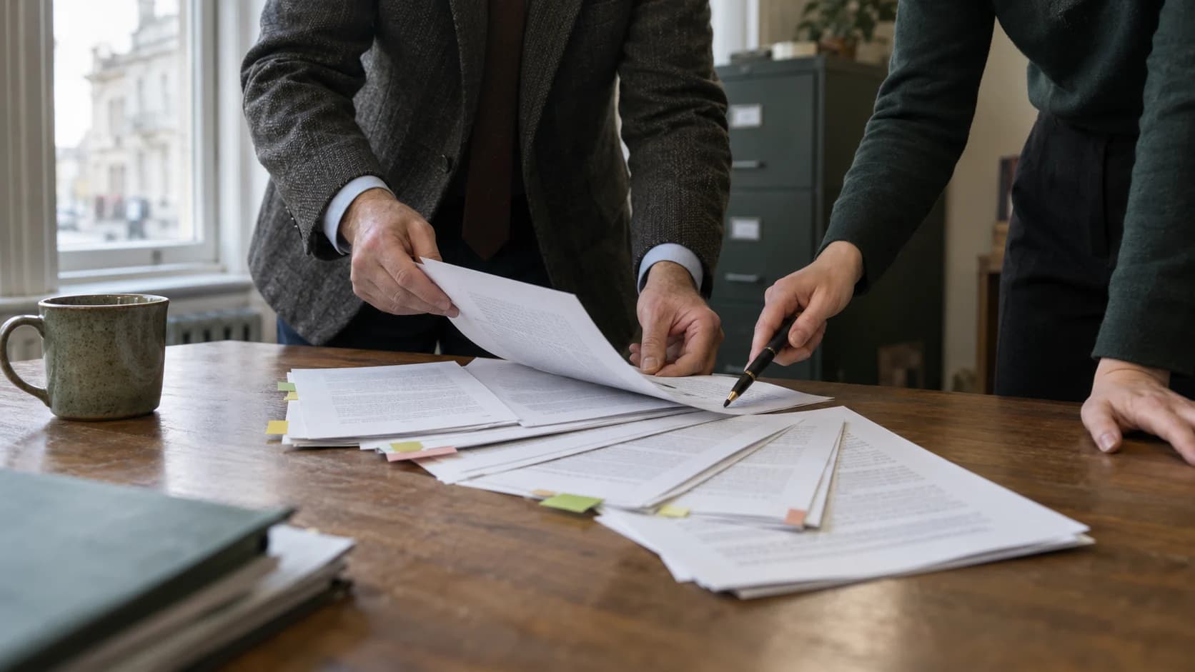Two colleagues seen from behind and side, faces out of frame, leaning over printed pages with coloured tabs on a wooden table in a small office, lit by soft window light.