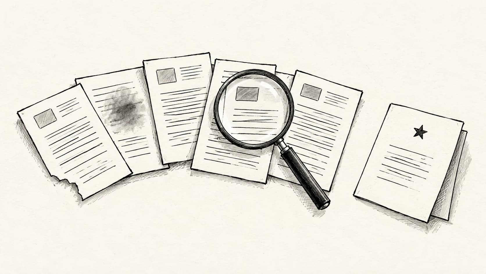 Sketched sheets of paper fanned out, one torn and one blurred and two alike, with a drawn magnifying glass and a separate folded answer-key sheet.