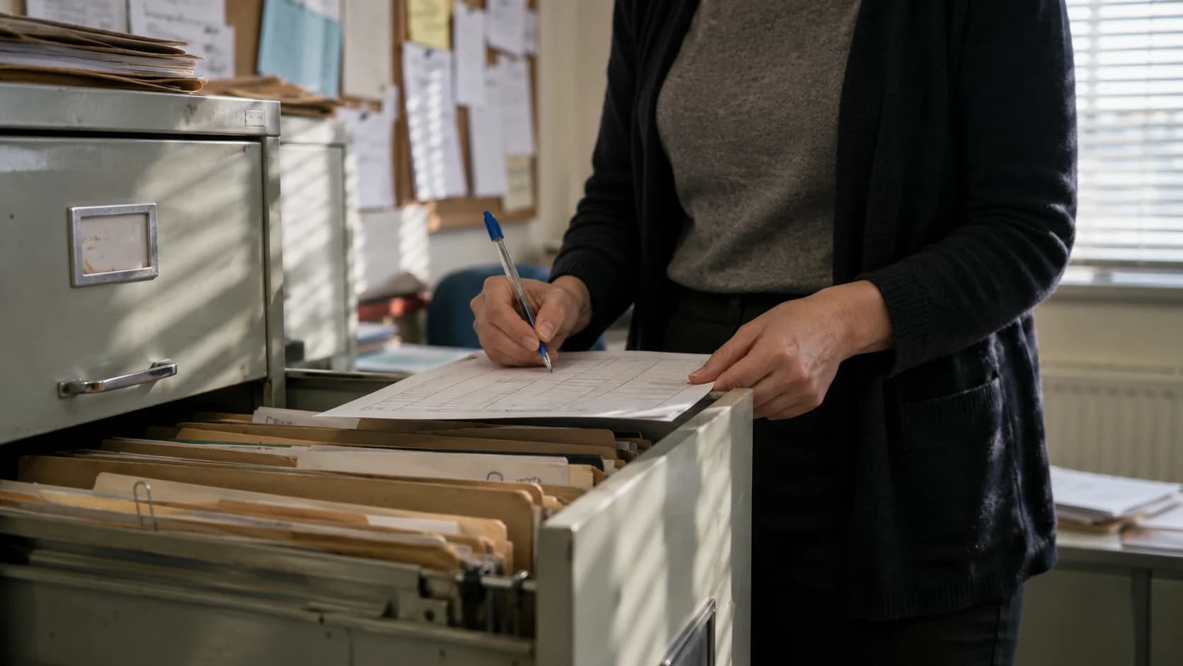 A person's torso and hands at an open metal filing-cabinet drawer, holding a printed time sheet and a biro, with blind shadows across the cabinet in a small office.