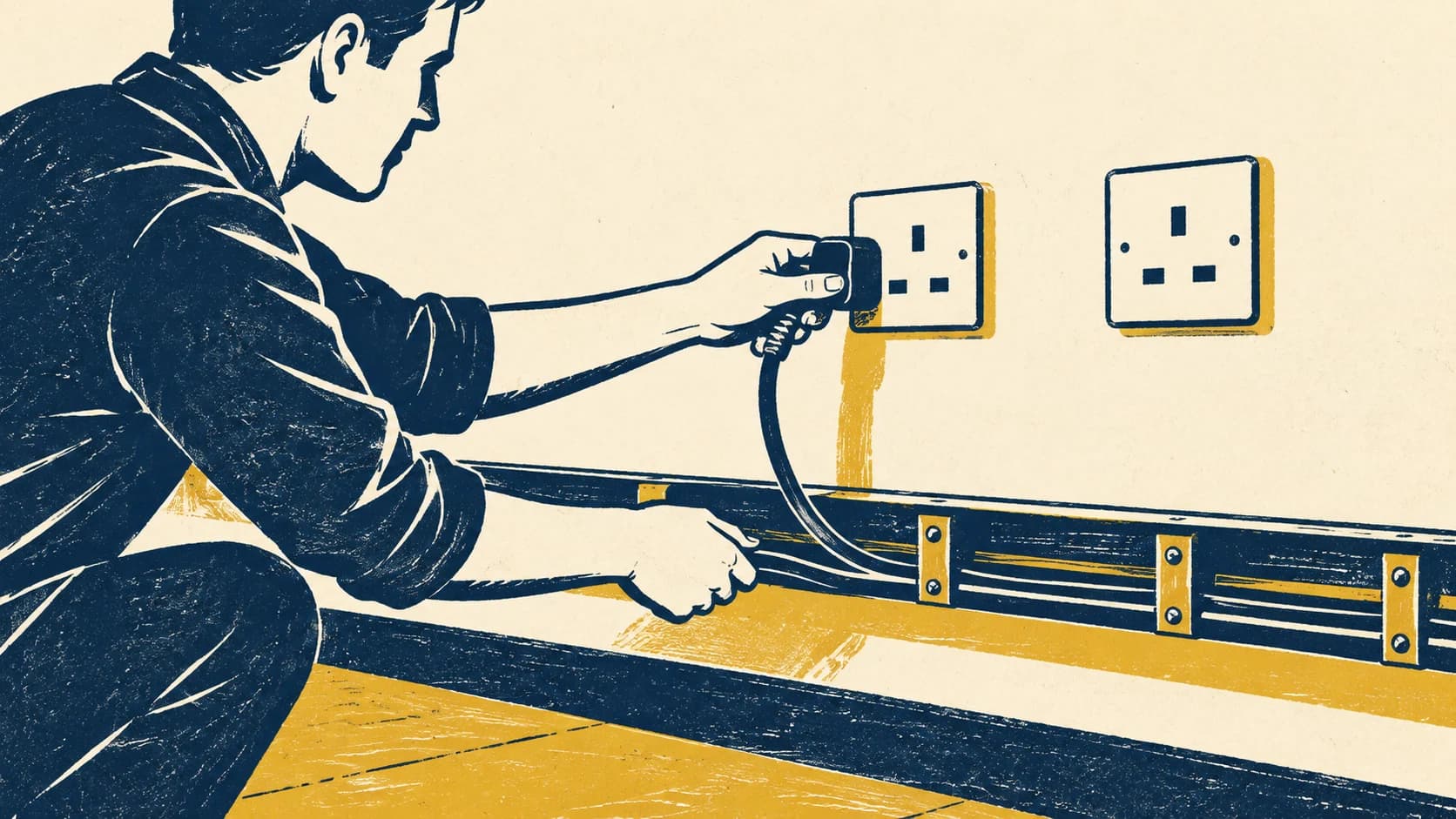 Two-colour linocut of a person tracing a cable between sockets and a cable tray.