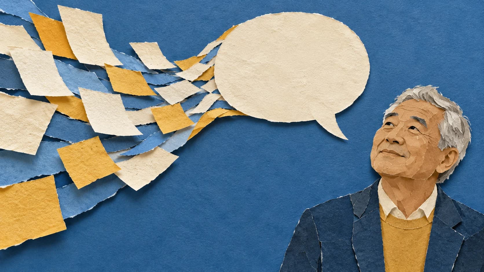 A hand-cut paper collage of an older East Asian British man with silver hair looking up as loose paper strips flow into a large blank paper speech bubble on a mid-blue ground.