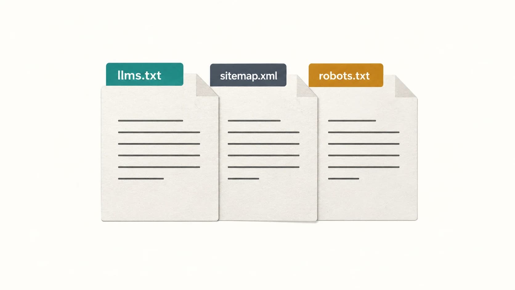 Flat editorial diagram of three overlapping document sheets labelled llms.txt, sitemap.xml and robots.txt, showing they are different files.