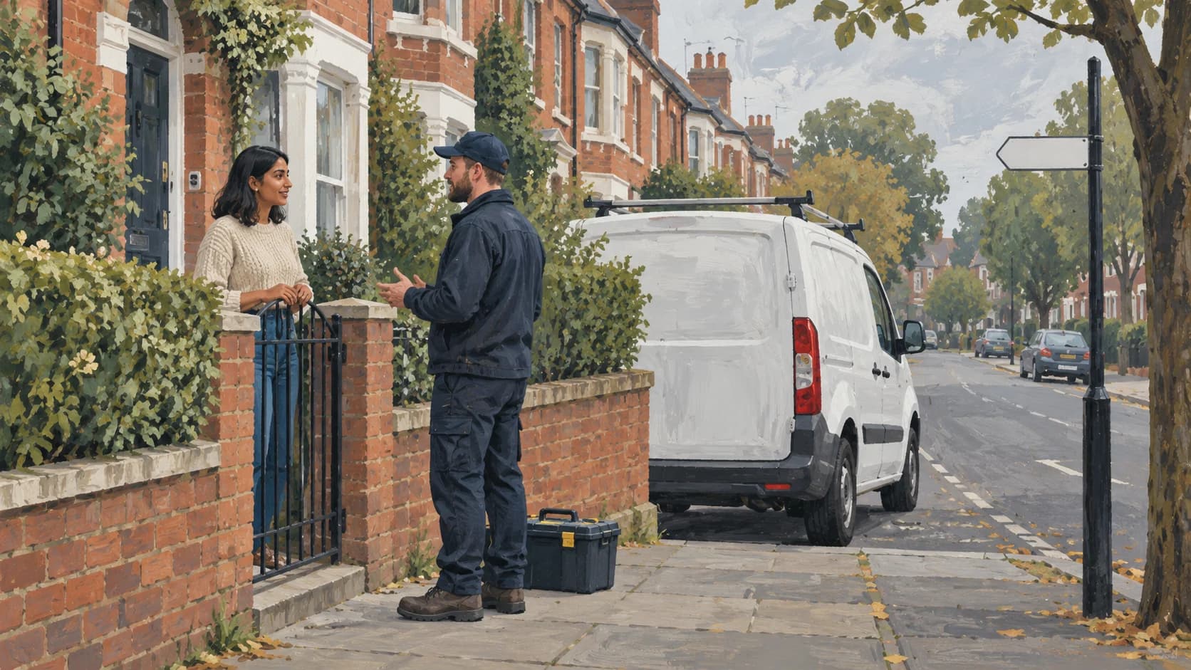Flat gouache painting of a young South Asian British woman at her front gate talking with a tradesperson beside a plain white van on a leafy UK terraced street.