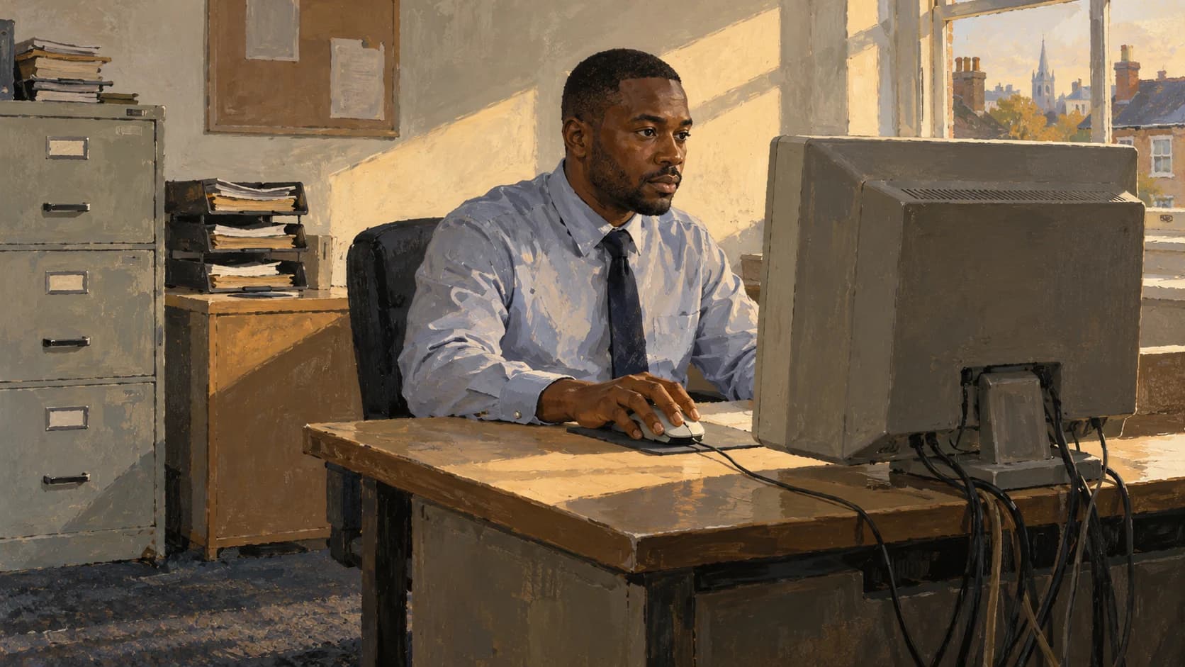 A gouache illustration of a Black British man in his thirties at an ageing desktop computer in a small UK accounts office, mid-click, the monitor turned so only its dark back is visible, late-afternoon light across worn carpet.