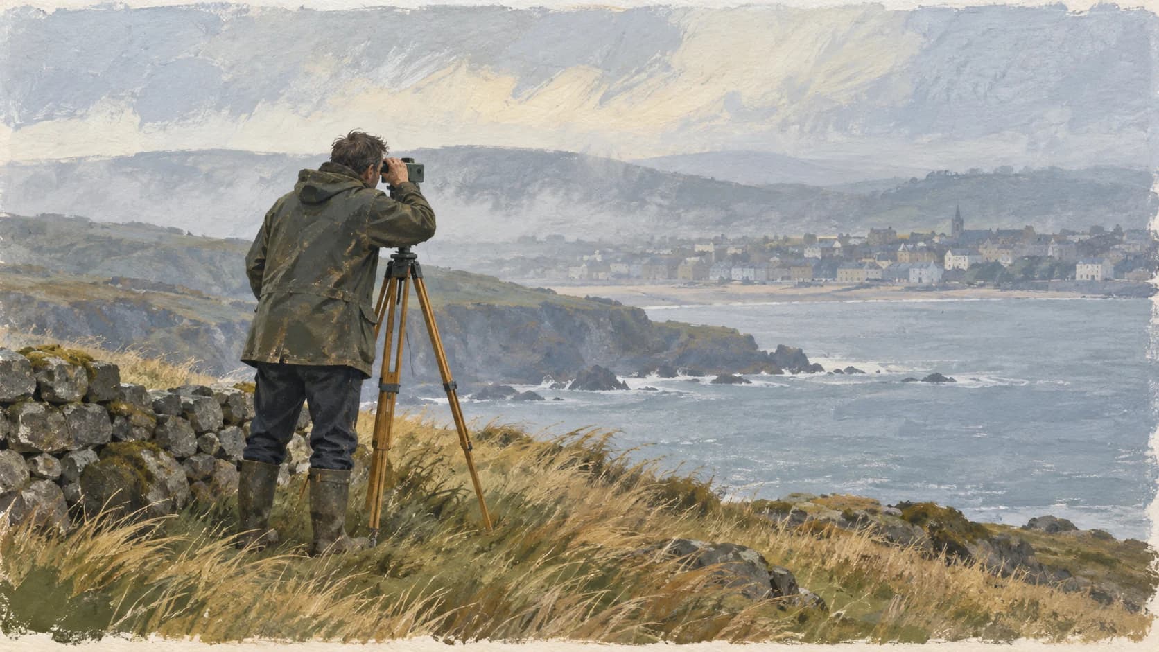 Gouache painting of a surveyor with a tripod instrument on a coastal headland, sighting a hazy town across the bay.