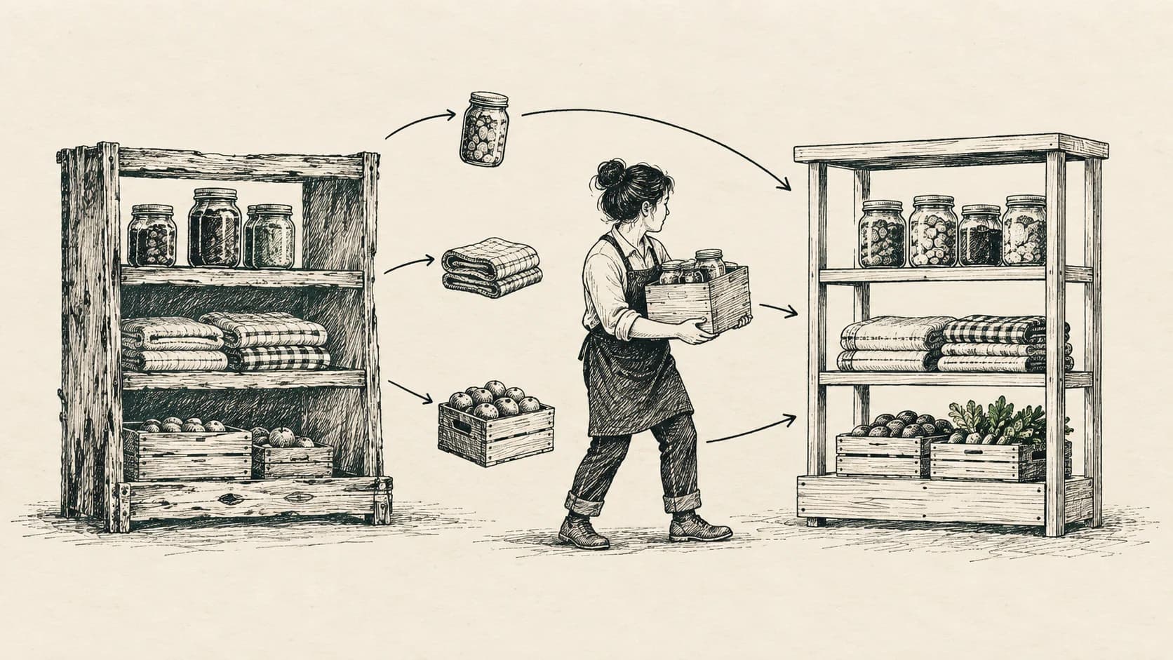 Ink drawing of a market stall's goods being moved item by item from an old wooden rack to a new one, with small arrows.