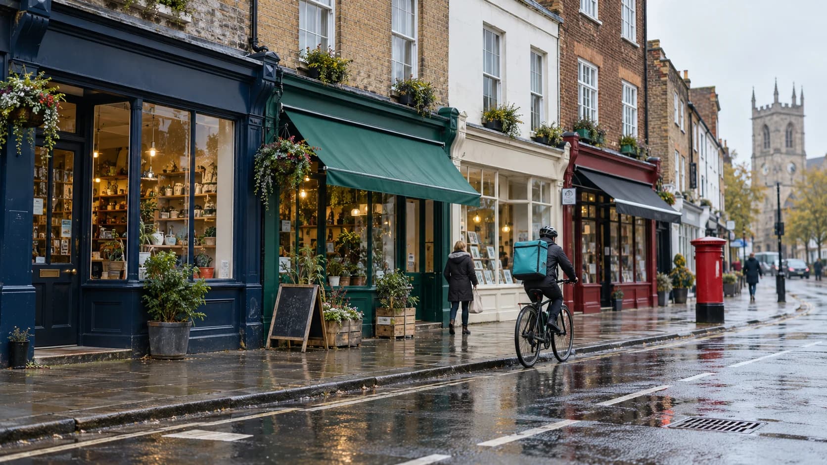 Street-level photo of a UK high street with several different independent shopfronts, a passing cyclist and a wet reflective pavement.