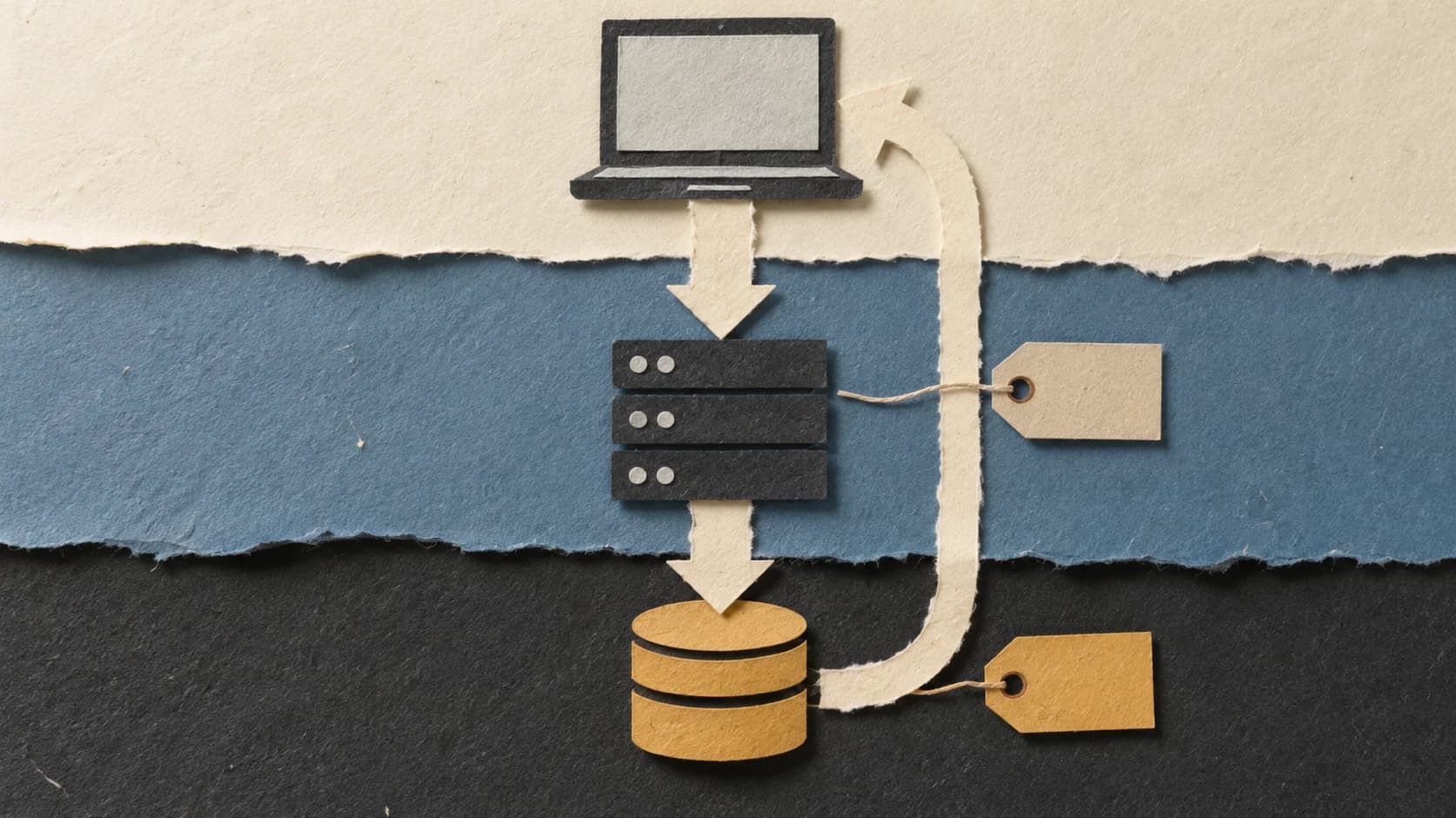 A paper collage of stacked coloured bands in cream, slate blue and charcoal, with a torn paper arrow threading down through them and two small tags at the side.