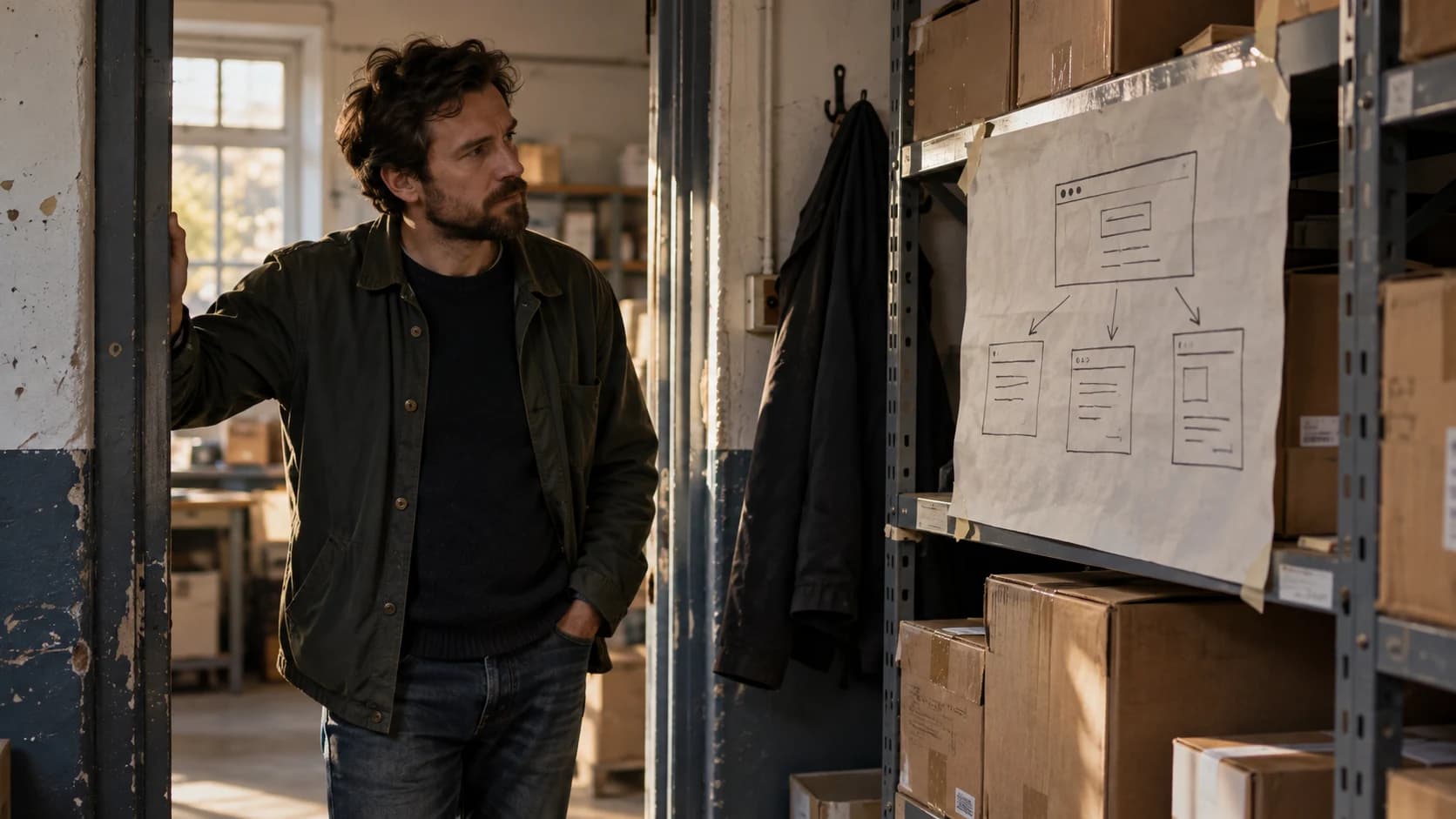 A business owner pauses in a stockroom doorway beside a shelf where a hand-drawn customer portal plan, showing connected boxes and arrows, is taped up in soft window light.