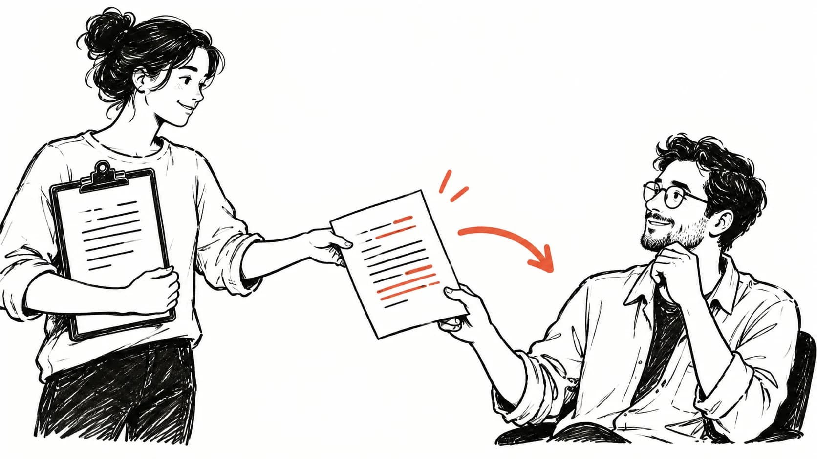 Ink illustration of an earlier page on a clipboard and a corrected page being handed to a reader.