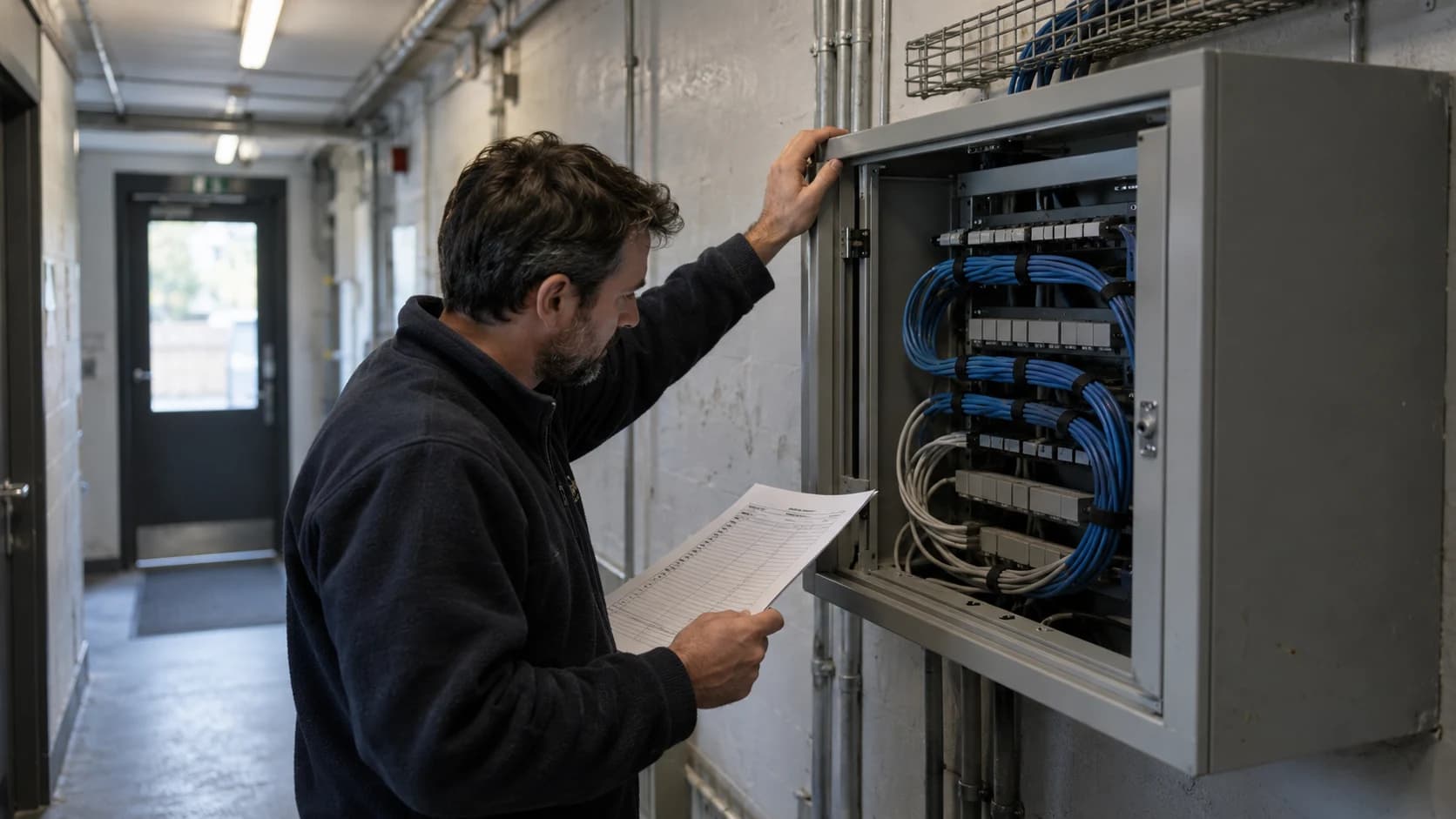 A maintenance worker leans toward an open wall-mounted comms cabinet in a service corridor, patch cables visible, holding a paper checklist in mixed daylight.