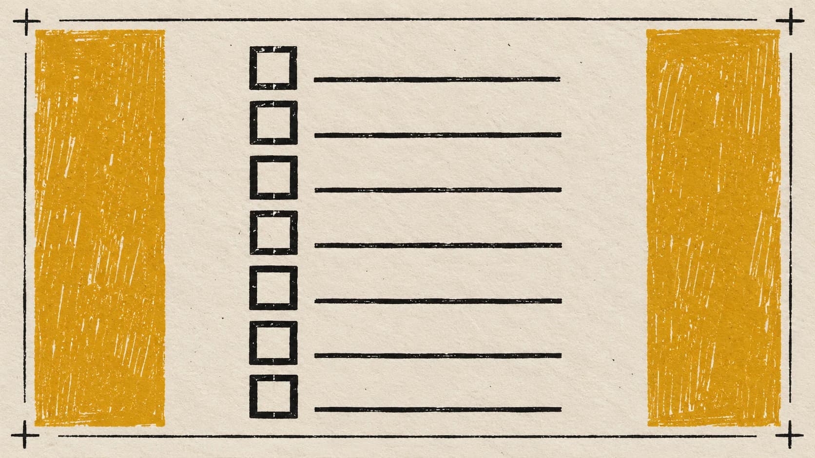Two-colour linocut print of a single sheet with a column of empty checkboxes, registration marks and carved texture.