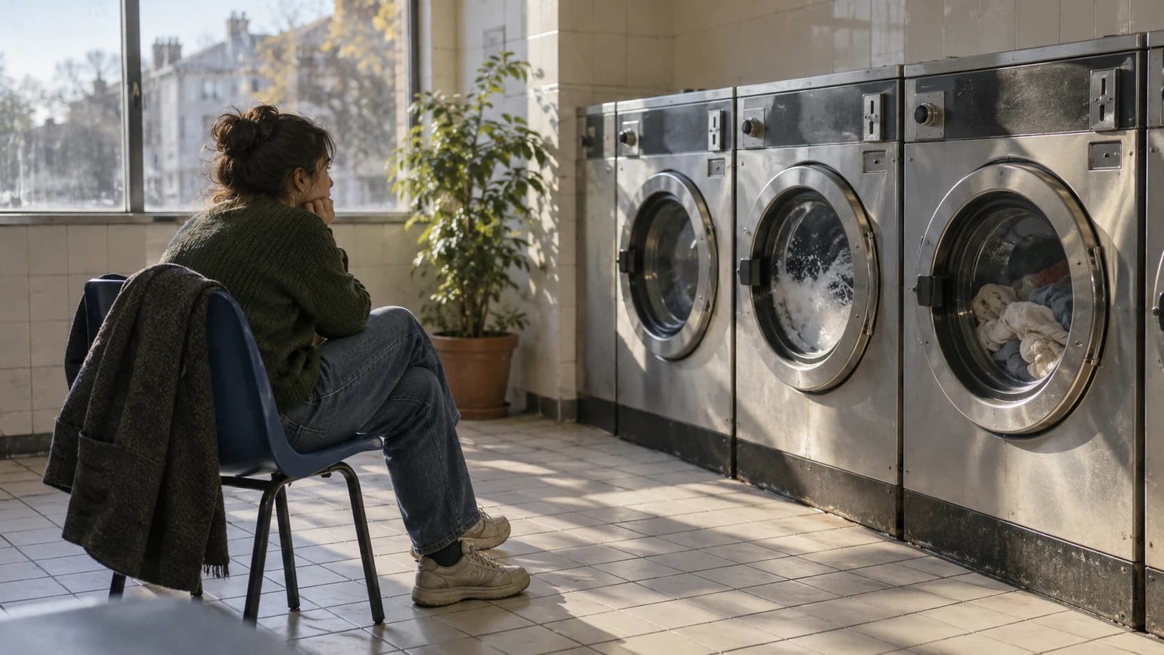 A person waits on a plastic chair inside a small launderette as one washing machine sits finished and another is still mid-cycle in daylight.