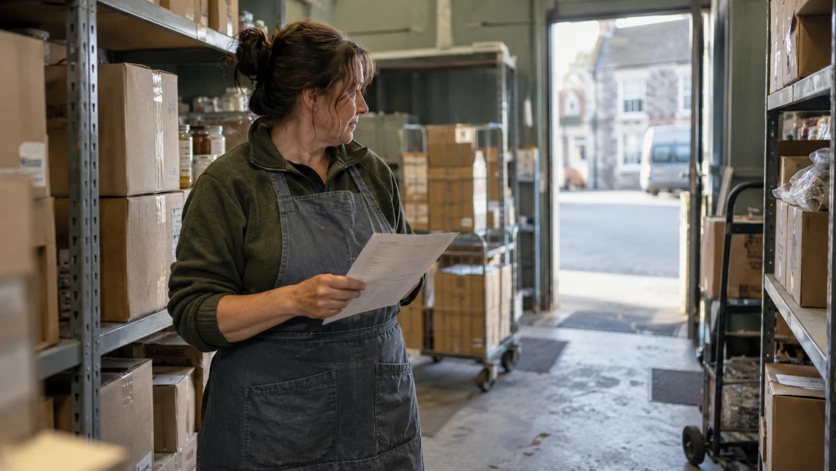 A shopkeeper holding a paper list in a dim UK stockroom, daylight from an open back door across stacked boxes.