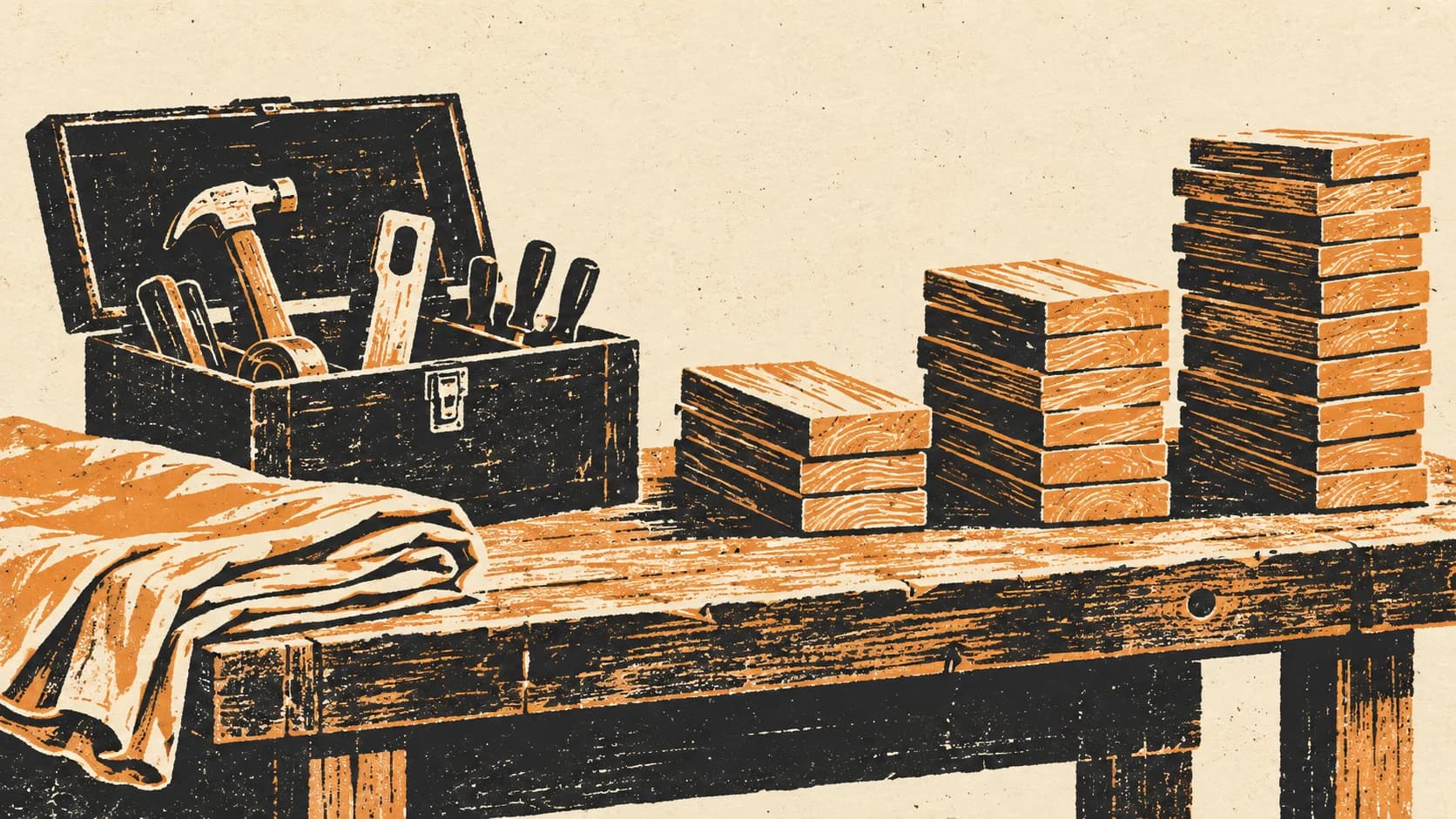 A two-colour linocut of a workbench with an open toolbox and three stacks of timber of different heights, cut in bold simplified marks.