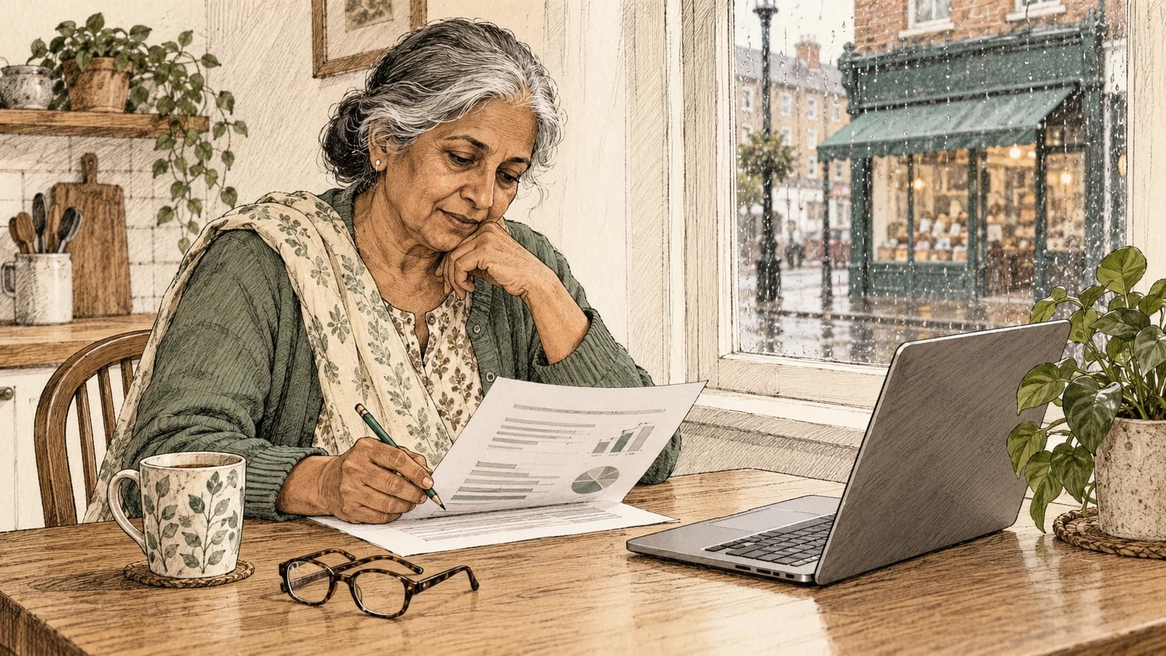 Ink illustration of an older South Asian British woman with grey hair at a kitchen table, reading a printed findings sheet beside a laptop angled away, with a small shop glimpsed through the window behind her.