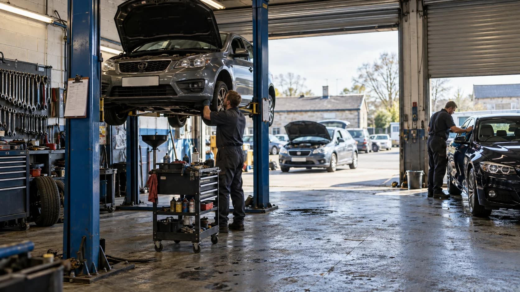 A UK garage with cars at three stages, on a ramp, waiting for parts and finished, alongside tools and daylight through the shutter.