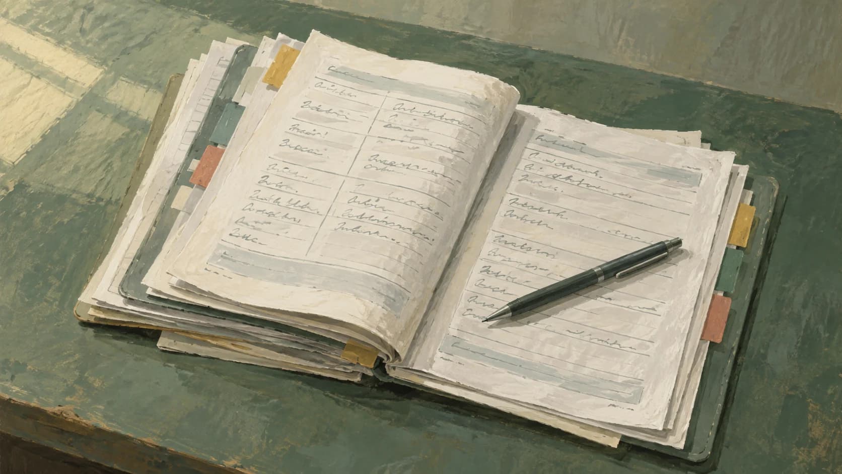 A matte gouache painting of opened clinical record pages with ruled lines, coloured section tabs and a slim pen resting across them, in muted greens and ochres.