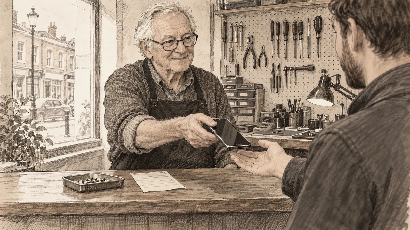 Ink drawing of an older man with glasses in a repair-shop apron handing a fixed phone to a customer over a counter, a job ticket and tray of screws between them.