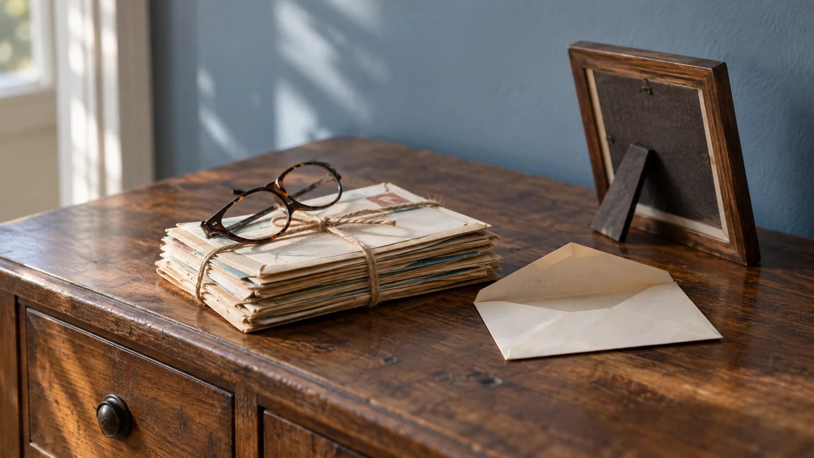 A tied bundle of old letters, opened envelope and reading glasses on a domestic sideboard.