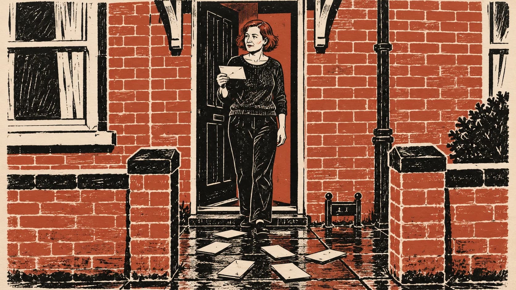 Two-colour linocut of a white British woman in her forties with short red hair holding one sealed envelope in a terraced-house doorway, identical folded leaflets scattered on the wet paving below.