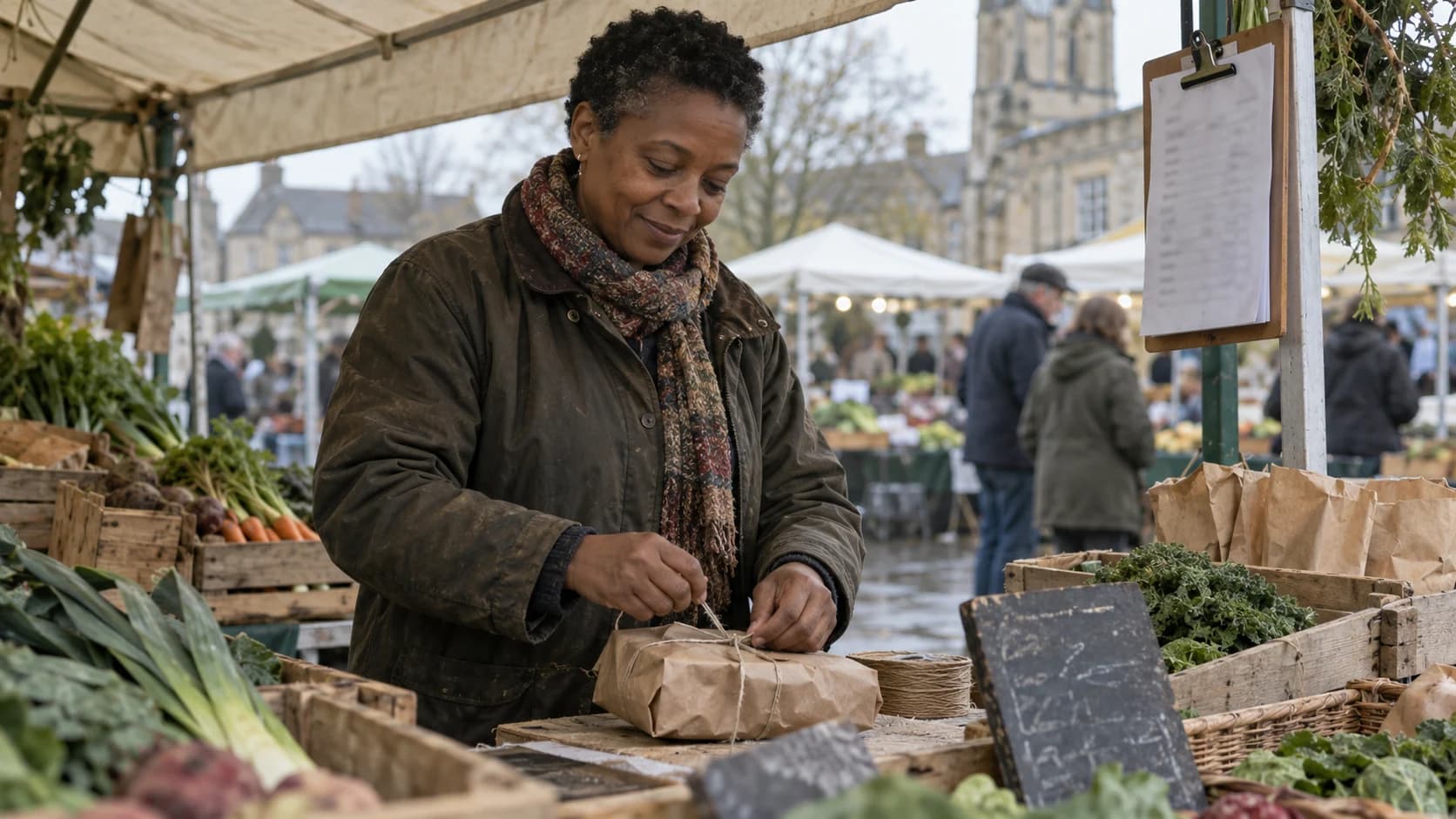A middle-aged Black British woman with short natural hair ties a brown paper parcel behind a UK farmers' market stall, a clipped contact list and crates around her, in soft overcast morning light.