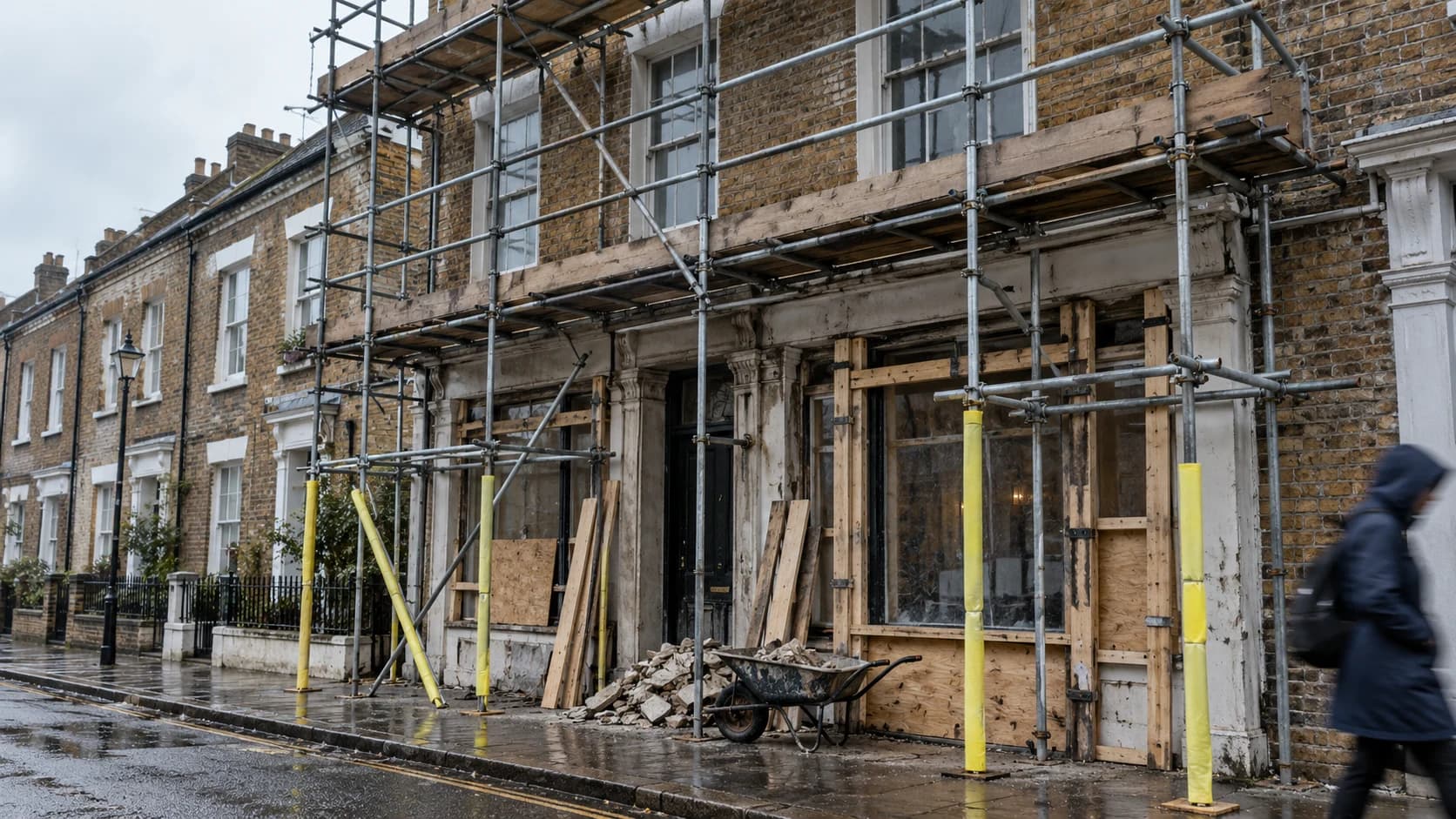 Scaffolding around a UK brick terraced building being renovated, with original windows and shopfront bay protected behind boards on a damp street.
