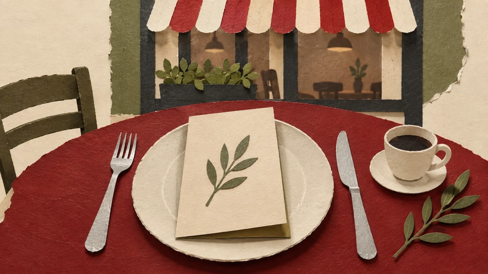 Paper collage of a restaurant table setting with plate, cutlery, menu card and coffee cup, with a window and awning behind.