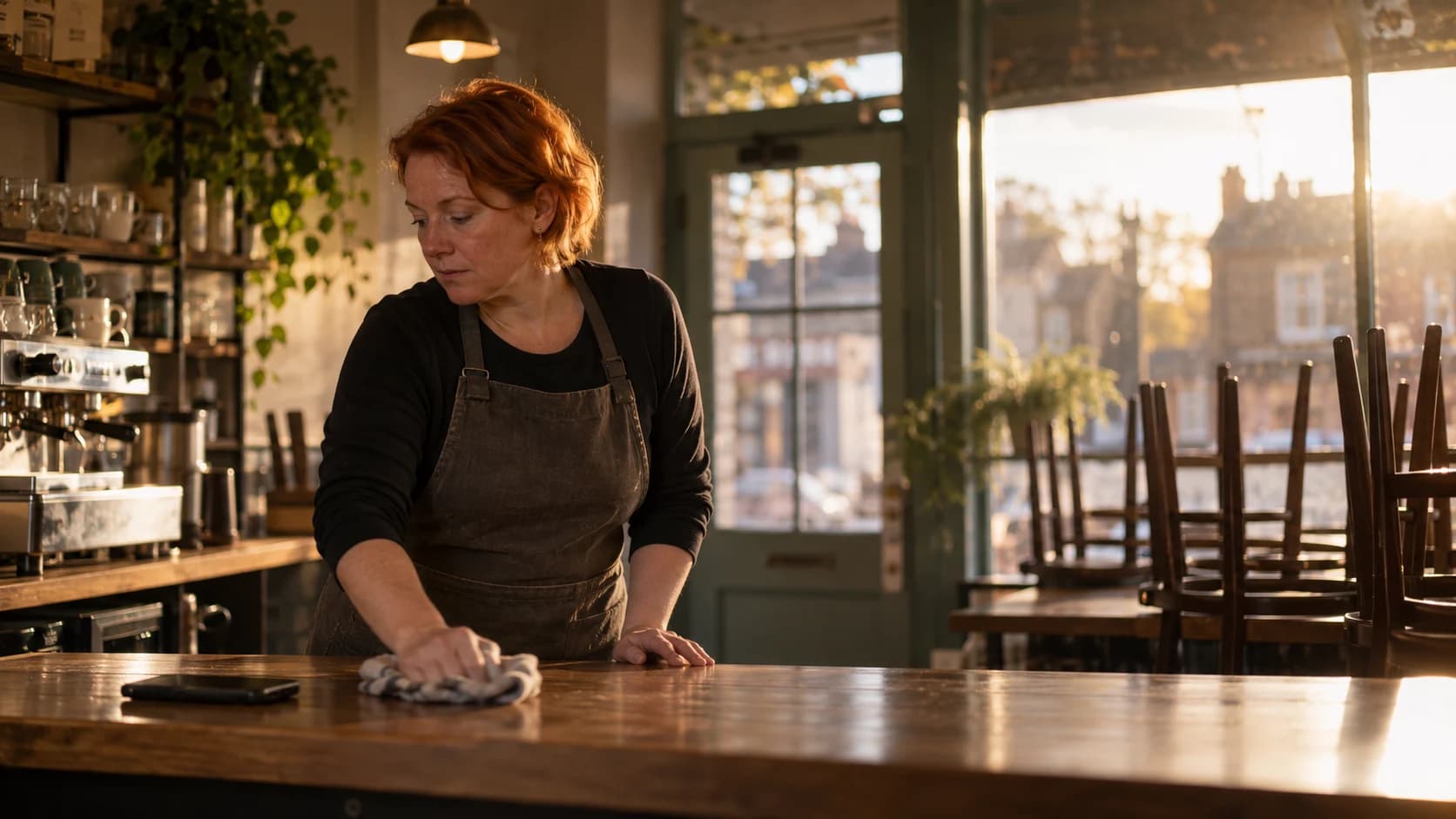 A white British woman in her forties with short red hair wiping the counter of her small café at closing time in warm evening light.