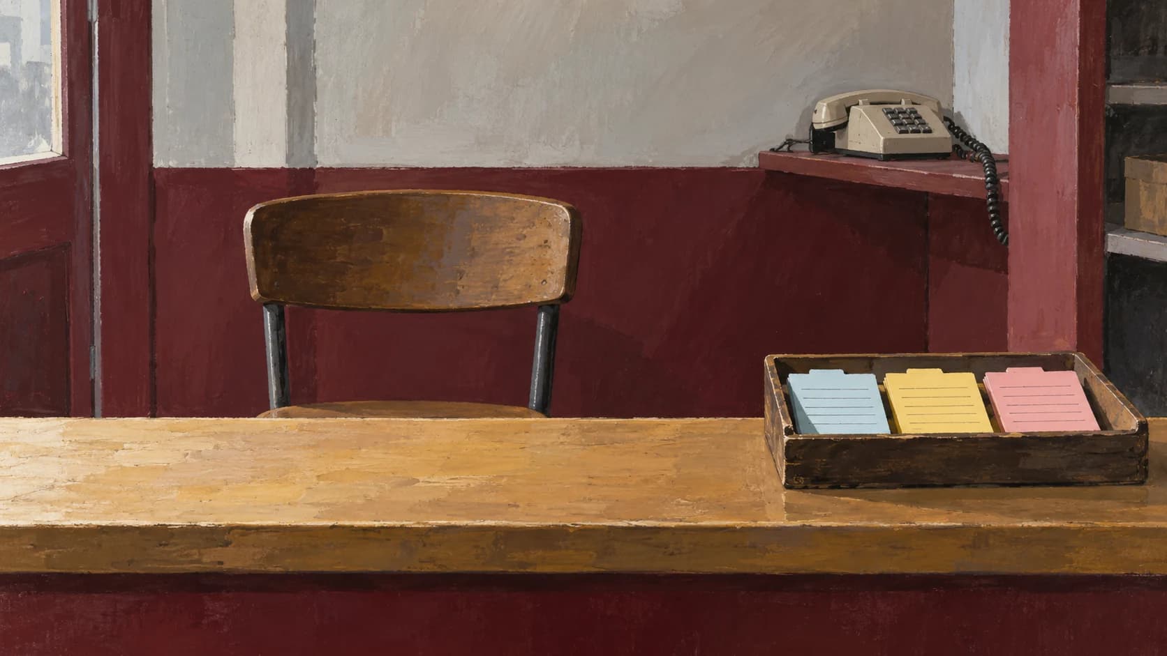 Gouache painting of an empty trade-counter chair, a telephone on a shelf and enquiry slips in a tray.