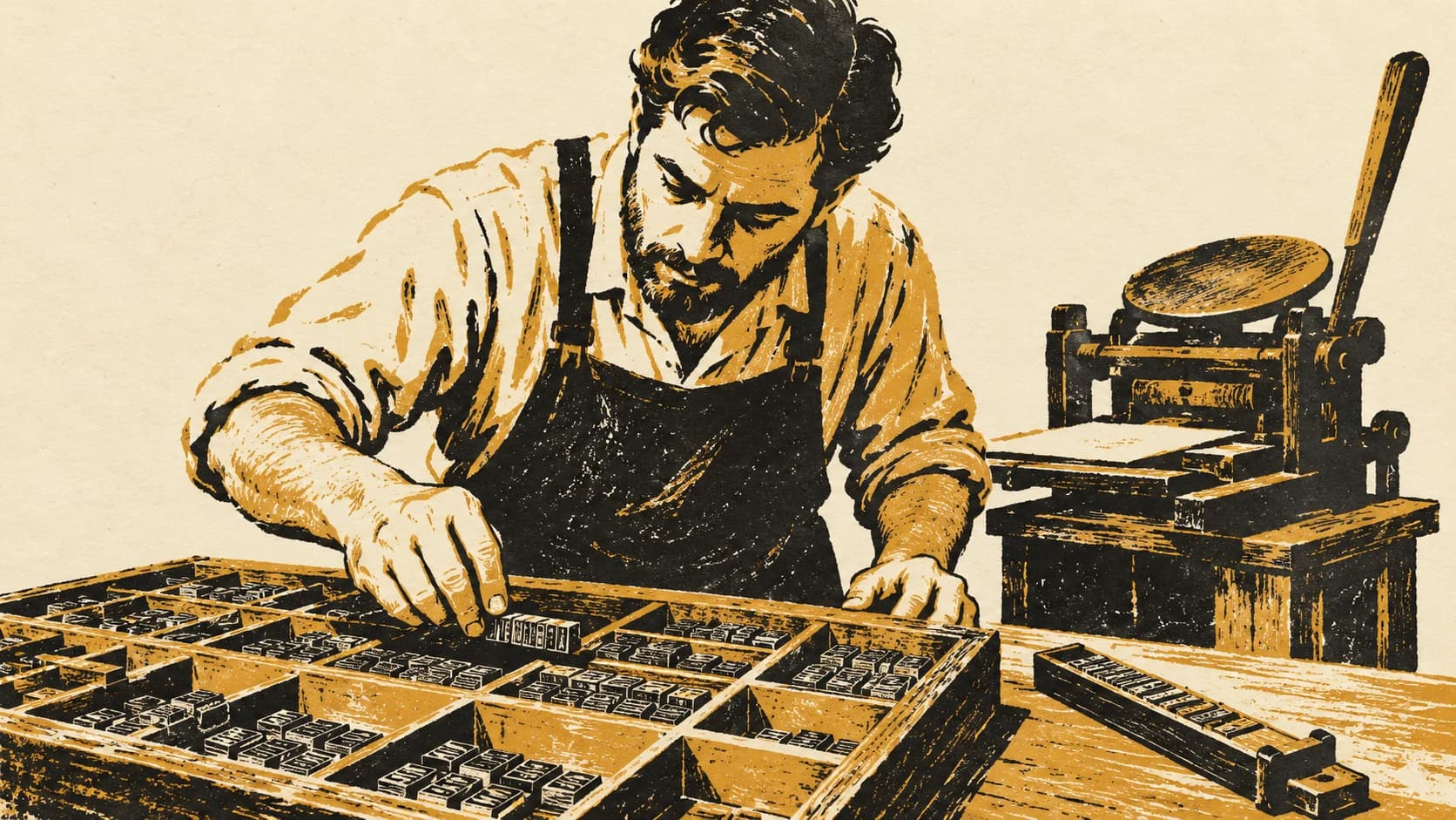 Two-colour linocut of hands selecting metal type from a letterpress tray beside a composing stick and small press.