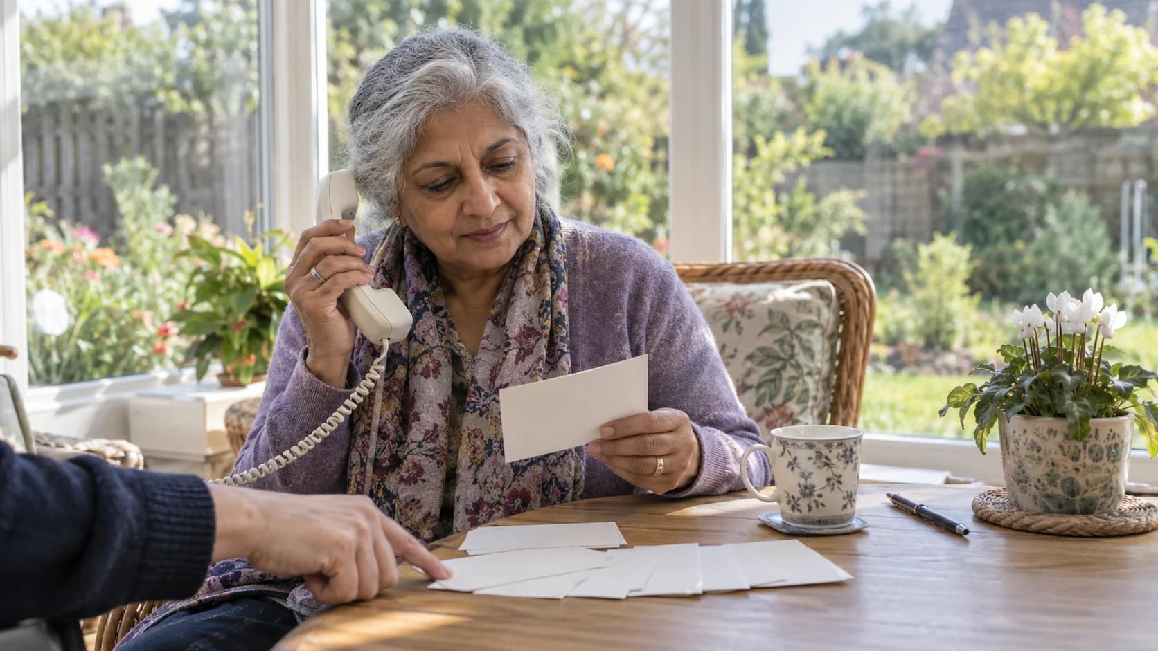 Reportage photograph of an older South Asian British woman with grey hair in a sunlit conservatory, reading from blank index cards with a phone beside her while another hand points at a card.