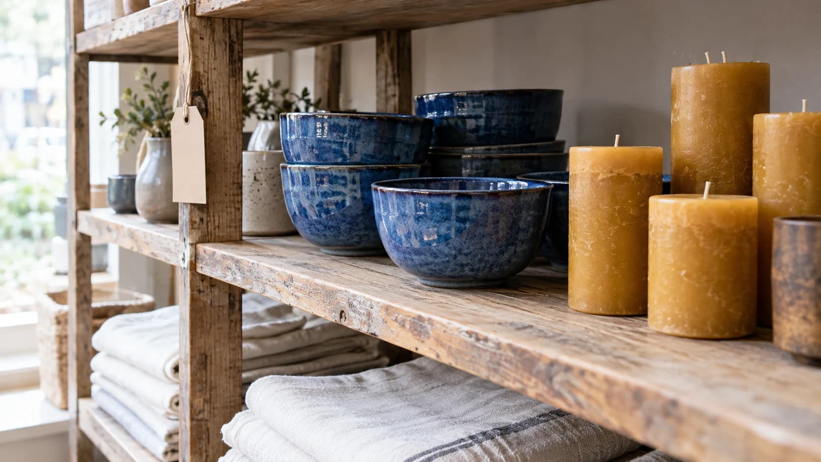 Shop shelves with grouped cobalt-blue bowls, ochre candles and folded white linen.