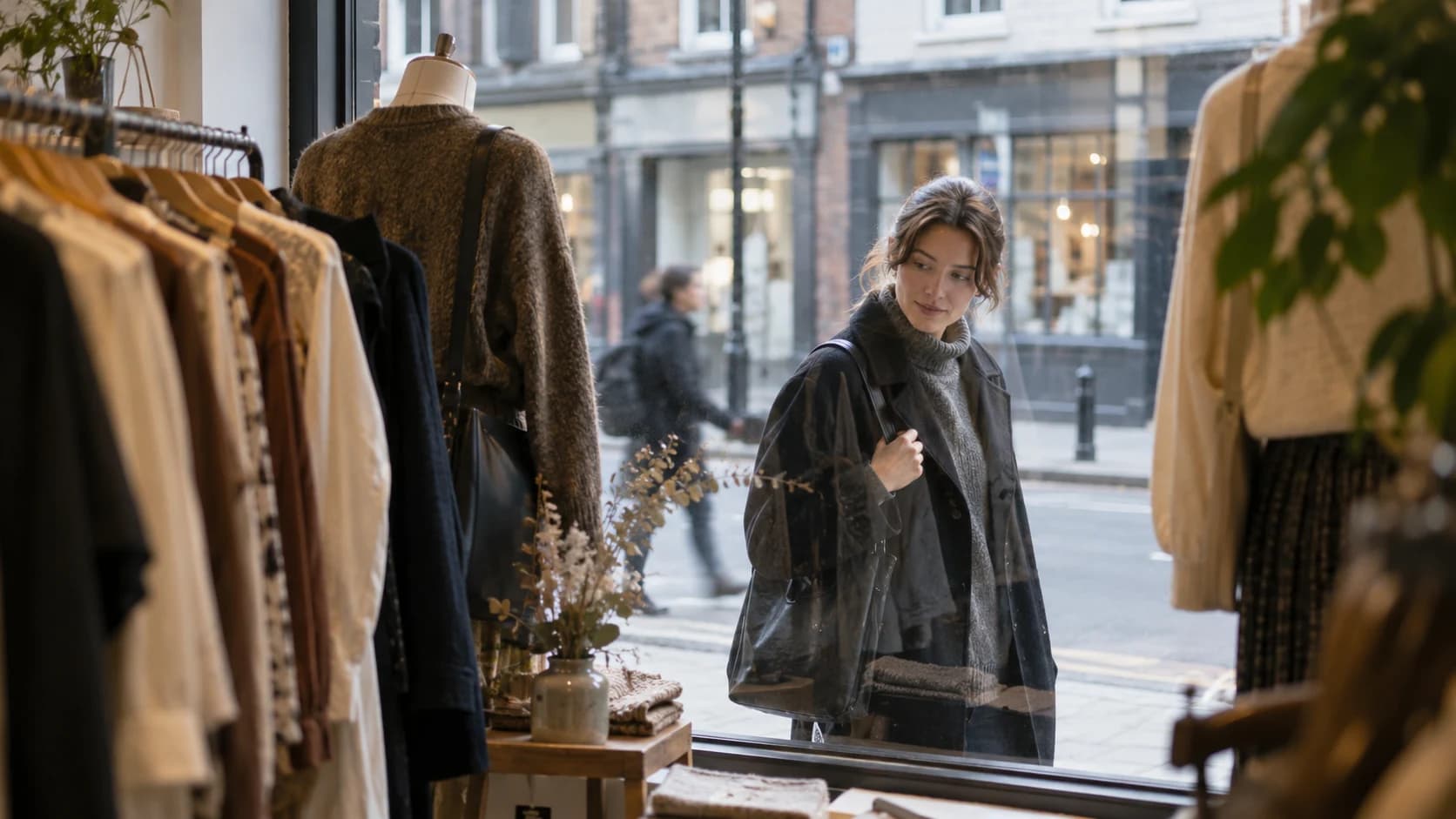 A pedestrian pausing briefly at a fashion-shop display, seen through the window from inside.