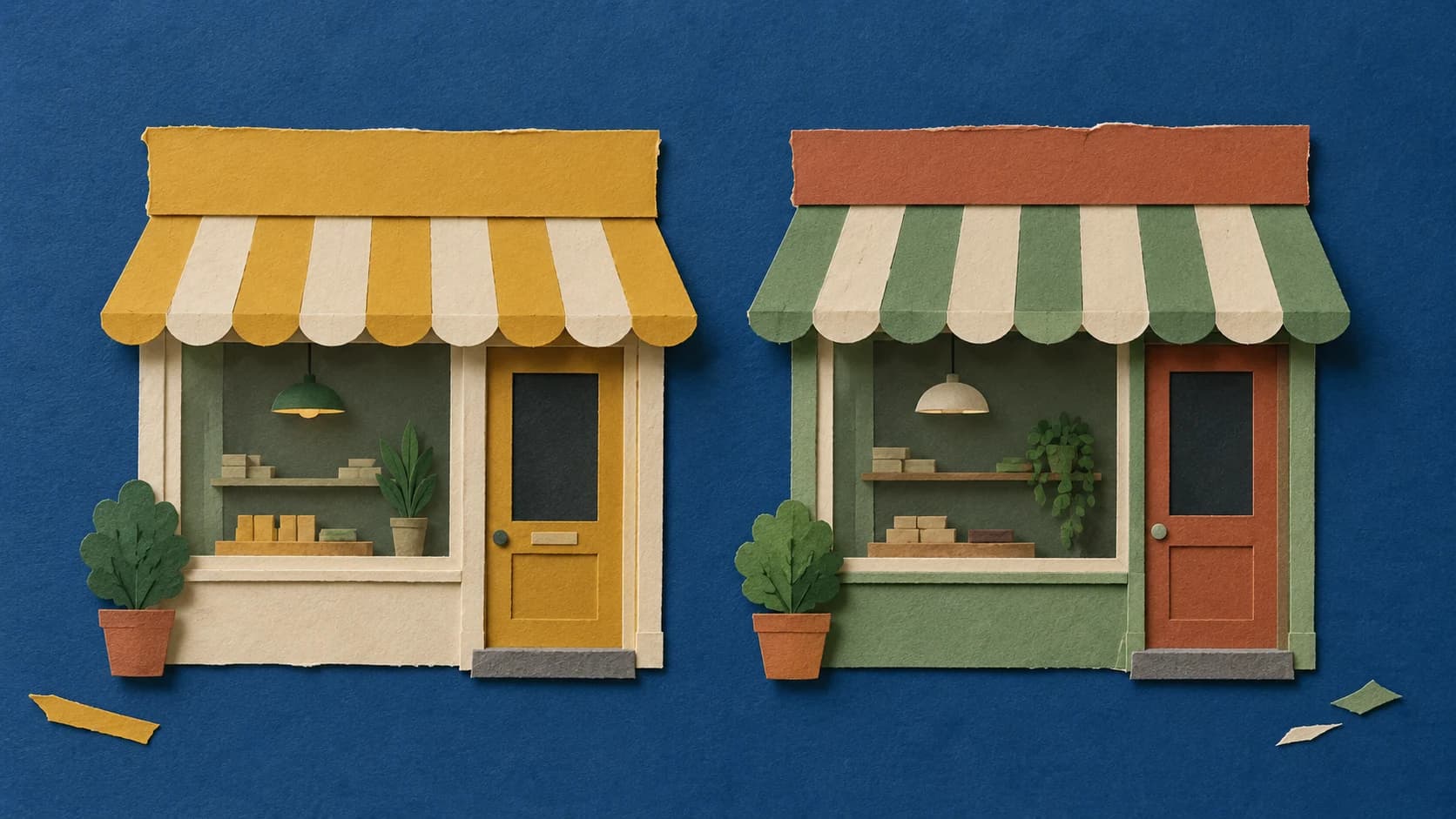 Paper-collage of two simple cut-paper shopfronts with awnings side by side on a deep-blue ground.