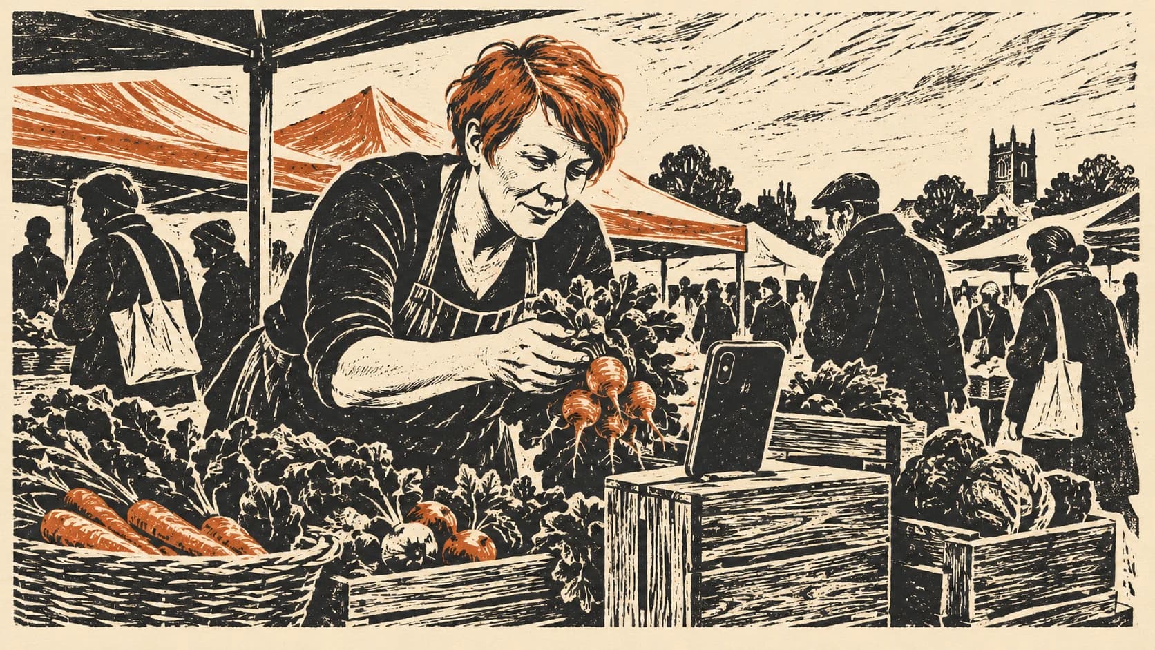 Two-colour linocut of a white British woman in her forties with short red hair filming her market produce on a crate-propped phone at an overcast UK farmers' market while shoppers pass by.