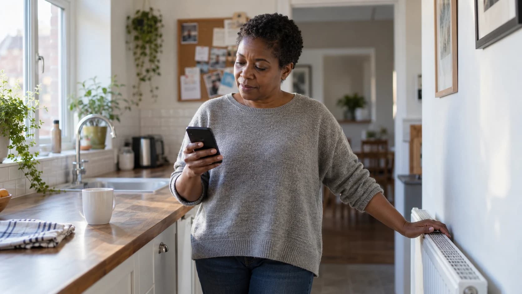 A middle-aged Black British woman with short natural hair stands at a sunlit kitchen counter, looking at her smartphone with one hand resting on a radiator beside a mug and folded tea towel.