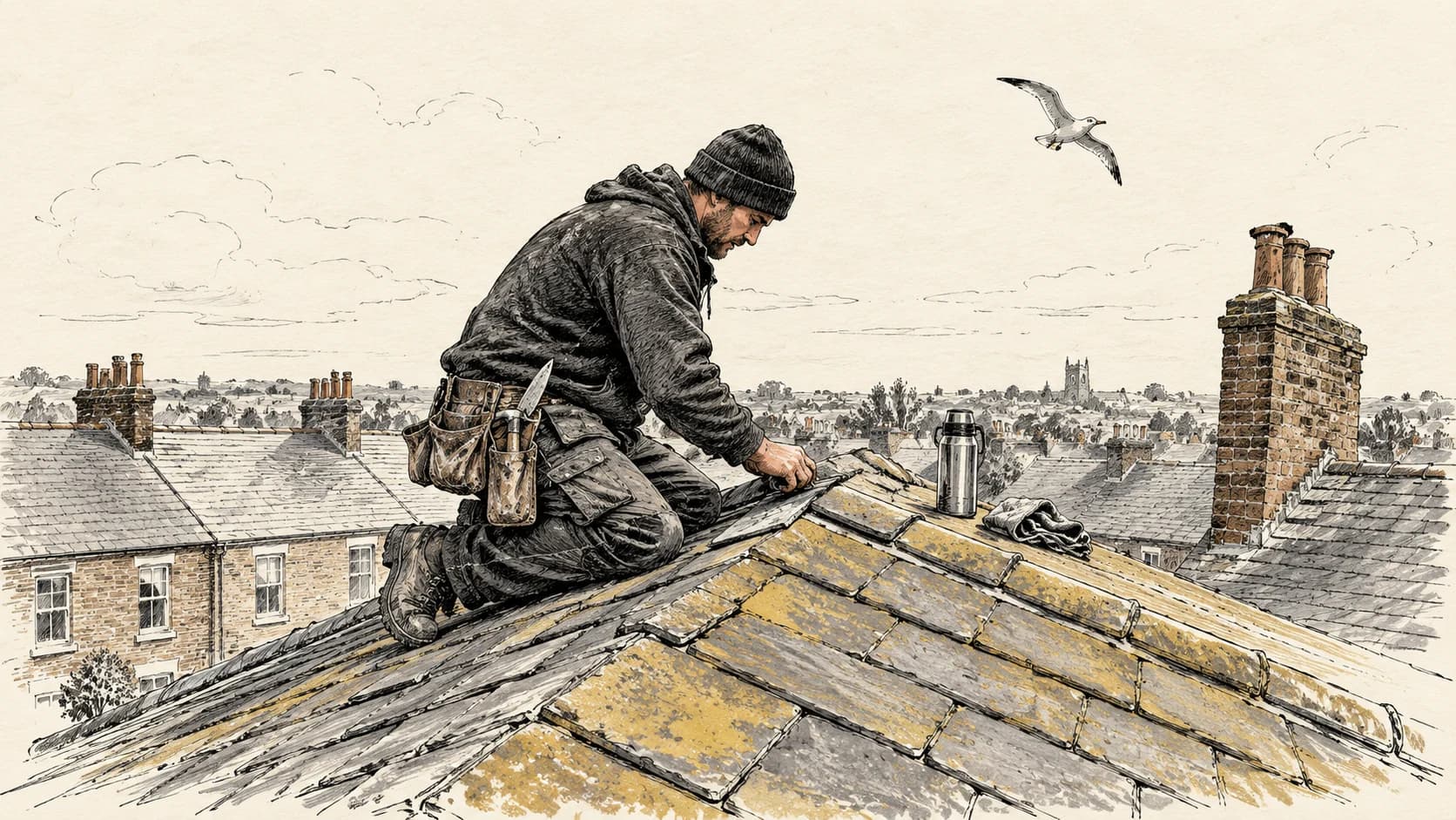 Ink line drawing of a roofer kneeling on a pitched roof with a flask and tool belt, terraced houses behind, one ochre accent.