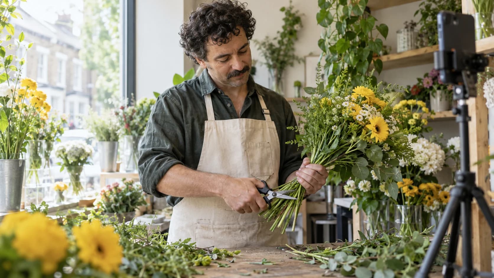A florist trimming flower stems while a phone on a tripod records the work.
