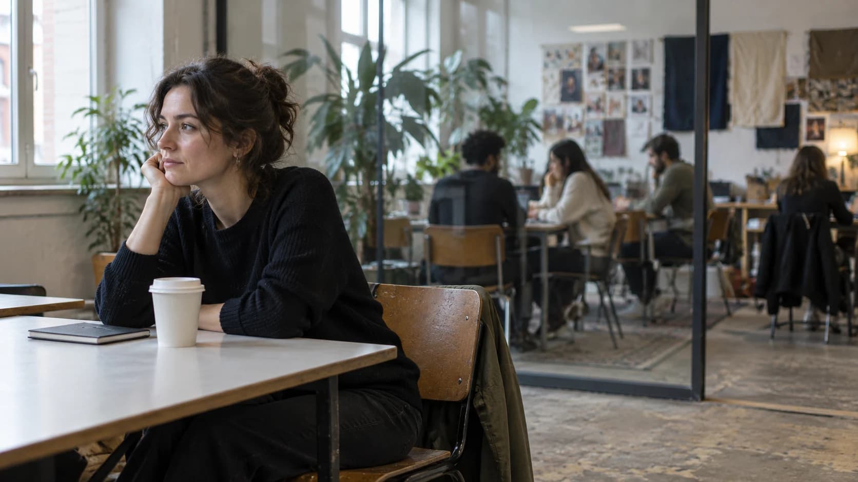 Documentary photo of a freelancer seated alone in the foreground of a shared workspace while a larger team works behind a glass partition.