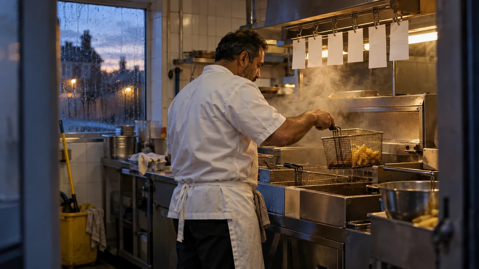 A cook in a small UK takeaway kitchen lifting a fryer basket under a heat lamp at dusk, with blank order tickets on a rail.