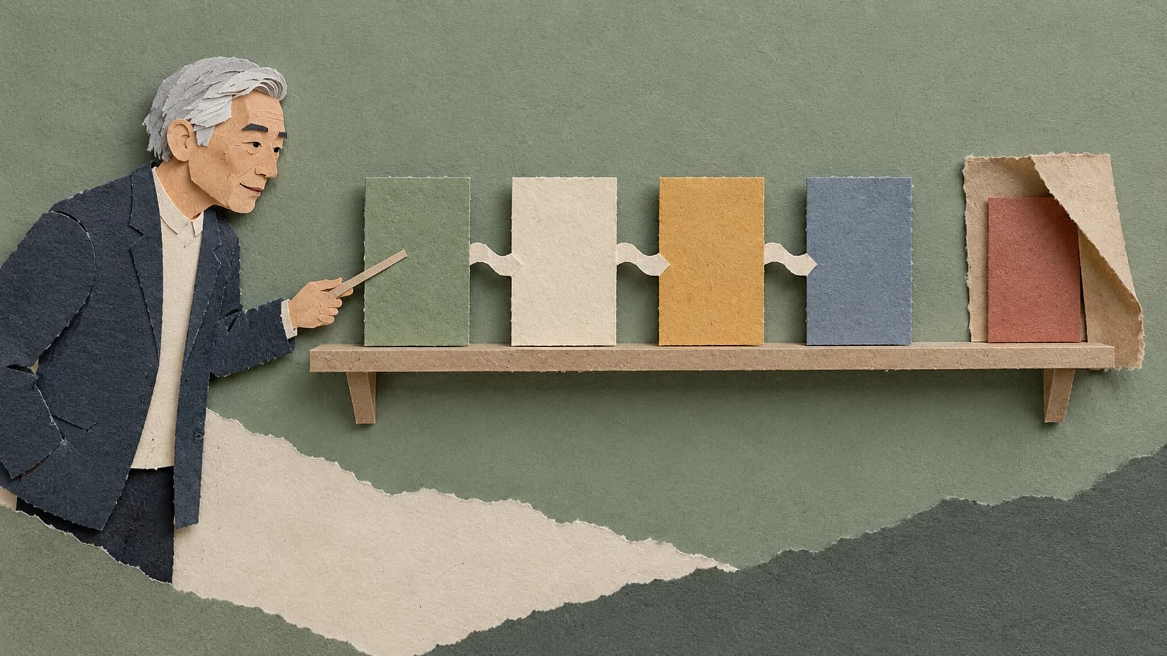 Hand-cut paper collage of paper page shapes linked by paper ribbons on a shelf, one page set apart behind a flap, with a flat cut-paper figure of an older man holding a pointer.